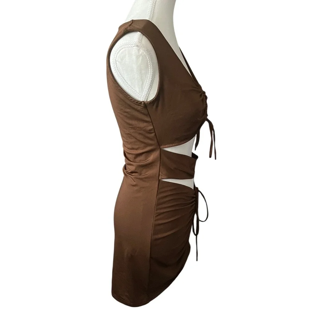 White Fox Brown Cutout Mini Dress‎ Ruched Bodycon Sleeveless Party Cocktail Sz M